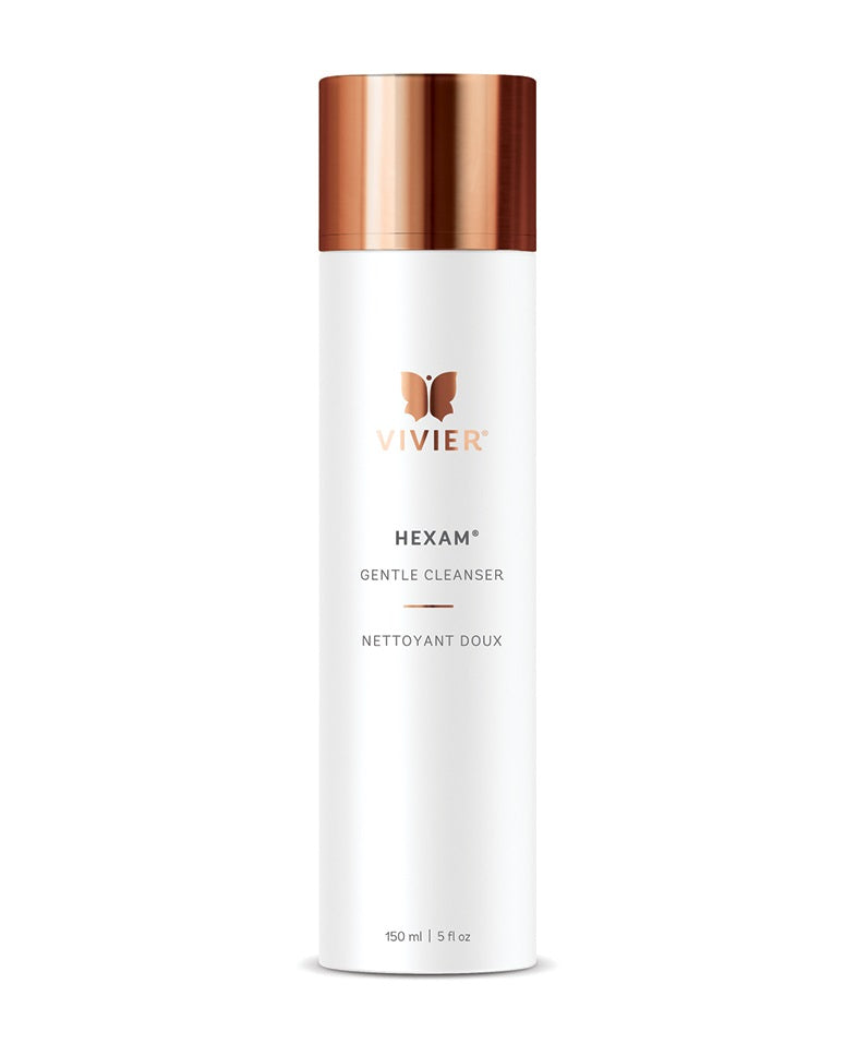 Vivier HEXAM gentle gel cleanser in white pump bottle with silver cap, designed for sensitive and acne-prone skin.
