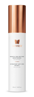 Vivier Nightly Age-Defying Moisturizer in white jar with gold lid, formulated to hydrate and renew skin while you sleep.


