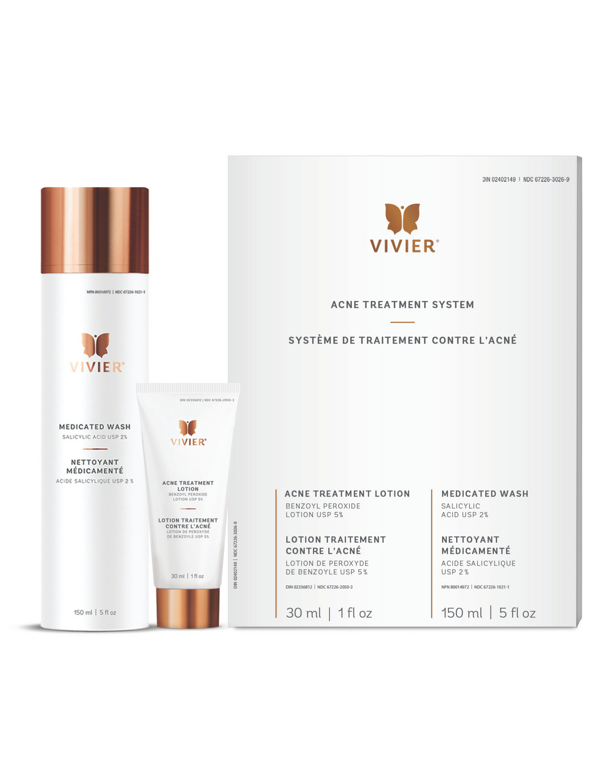 Vivier Acne Treatment System with Medicated Wash and Acne Treatment Lotion in white bottles with gold accents, designed to treat and prevent acne.
