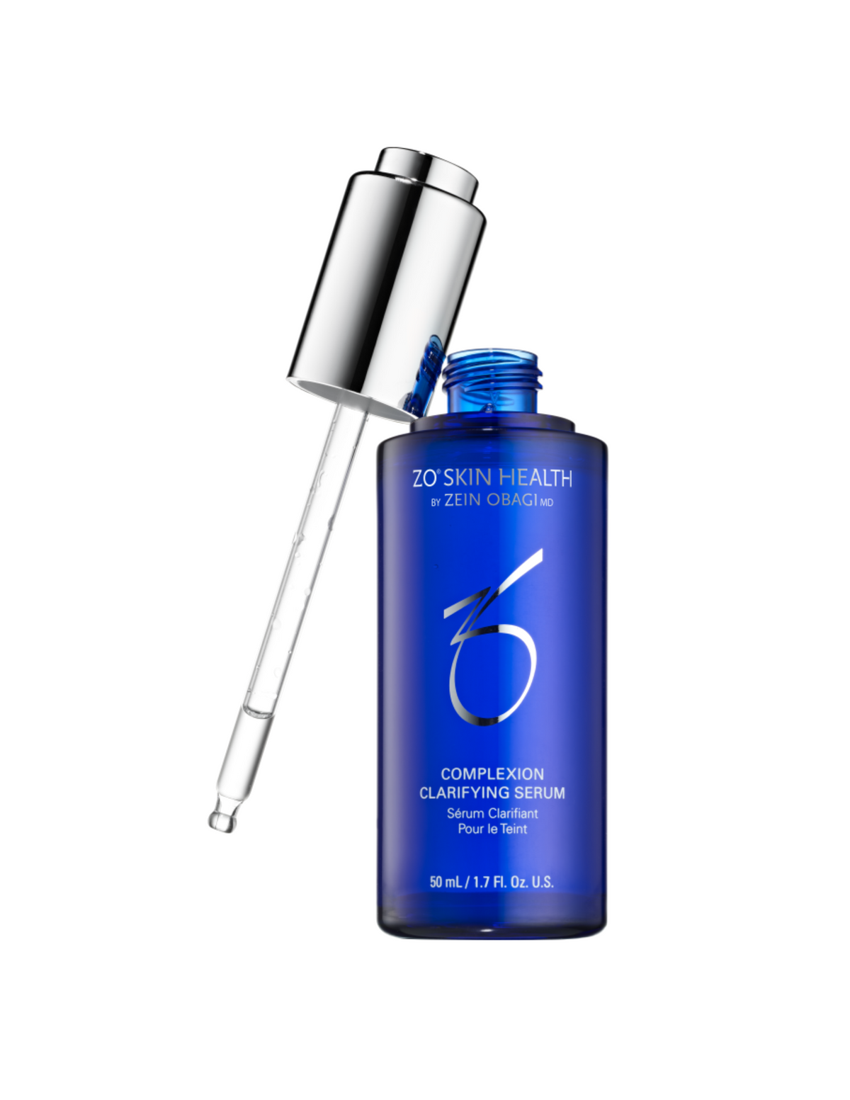 ZO Skin Health Complexion Clarifying Serum in white and silver pump bottle on minimal background; medical-grade skincare formulated for acne-prone skin and oil control