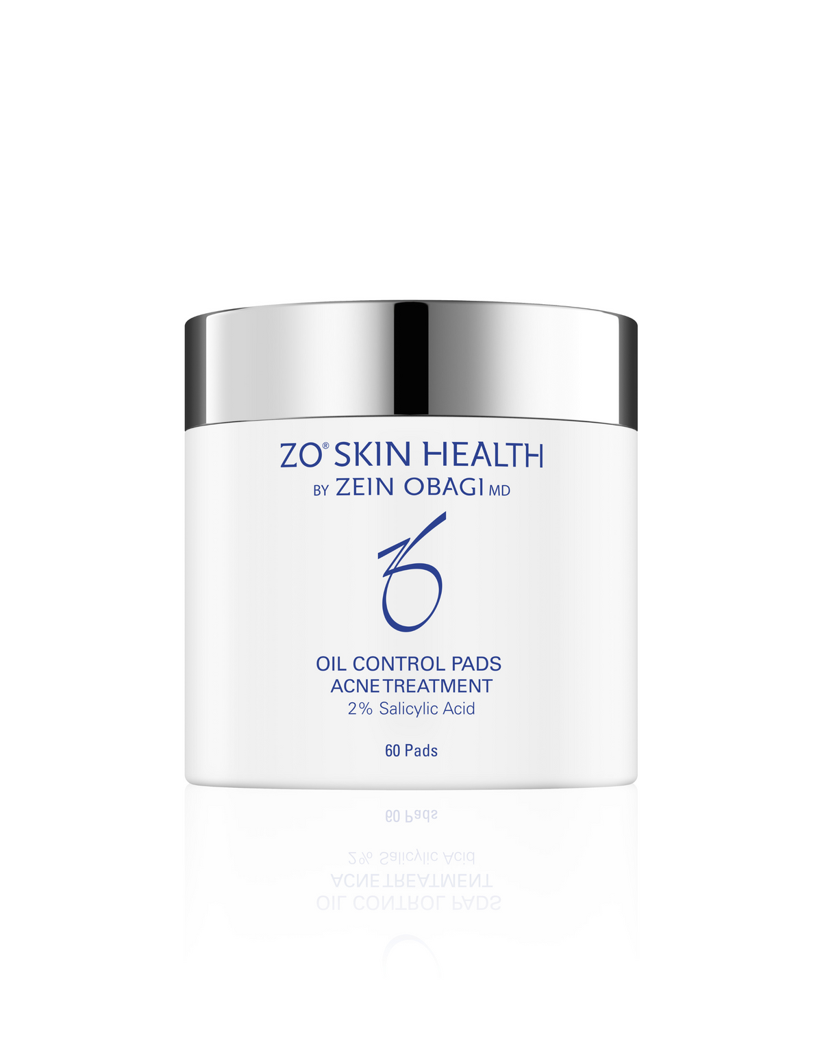 Jar of ZO Skin Health Acne Treatment Pads, pre-soaked exfoliating pads with salicylic acid designed to unclog pores, reduce breakouts, and control oil