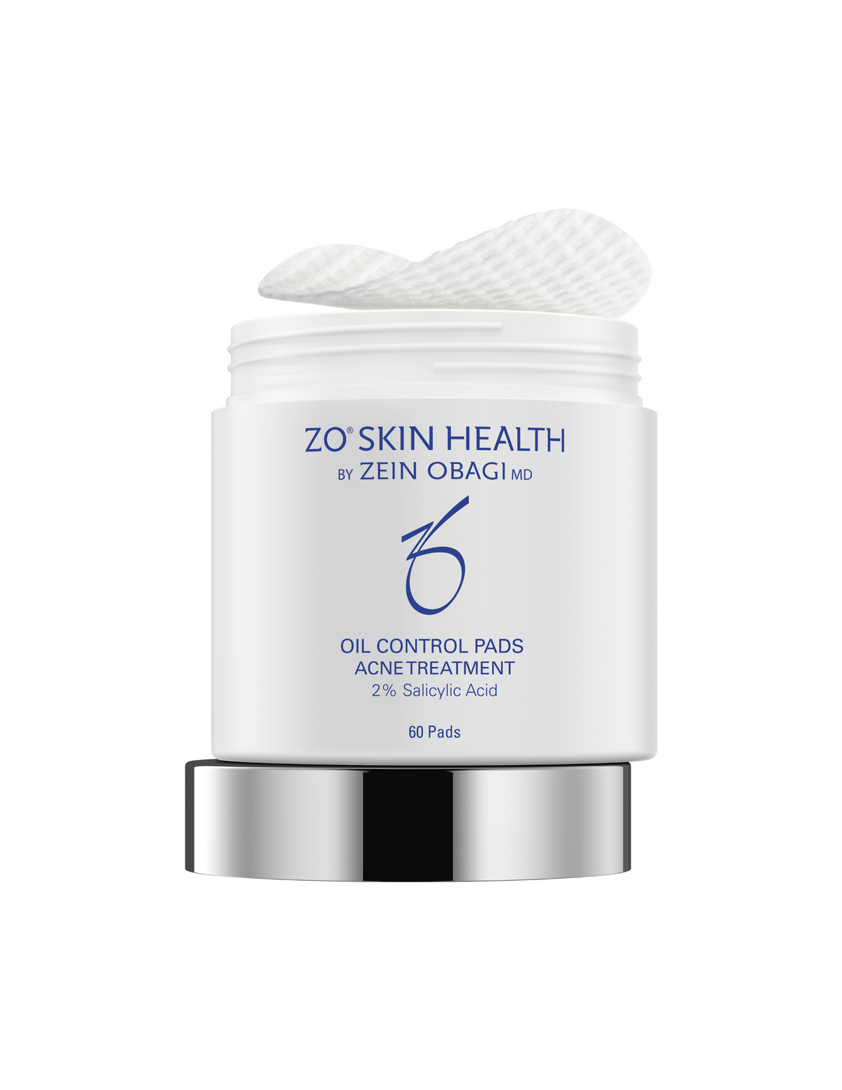 Open jar of ZO Skin Health Oil Control Pads with textured acne treatment pads exposed, featuring 2% salicylic acid to reduce breakouts and control excess oil.
